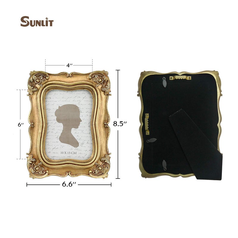 Sunlit Vintage Picture Frame 4x6 Inch, Luxury Antique Photo Frames with Glass Front, Photo Display, Tabletop Wall Hanging, Gift Ideas, Gold - Image 2